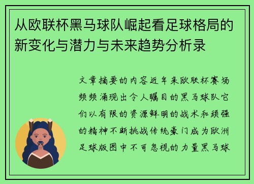 从欧联杯黑马球队崛起看足球格局的新变化与潜力与未来趋势分析录